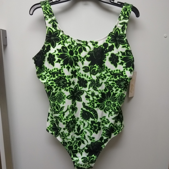 NWT Emily B Originals White Black Neon Green One Piece Floral Swimsuit - Size XL - Picture 10 of 11